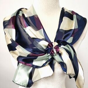 SCARF Neck Wrap Plaid Silk Feel Pre-Tied Plaid Purple Navy Grey EUC